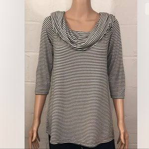 Three Dots Striped Cowl Neck Top Black White